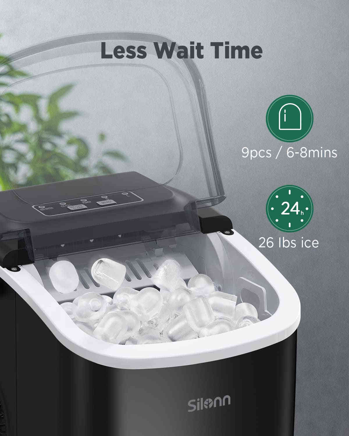 Countertop Ice Maker - 9 Cubes in 6 Minutes, 26Lbs/24Hrs, Self-Cleaning with Ice Scoop & Basket, 2 Ice Sizes, Black