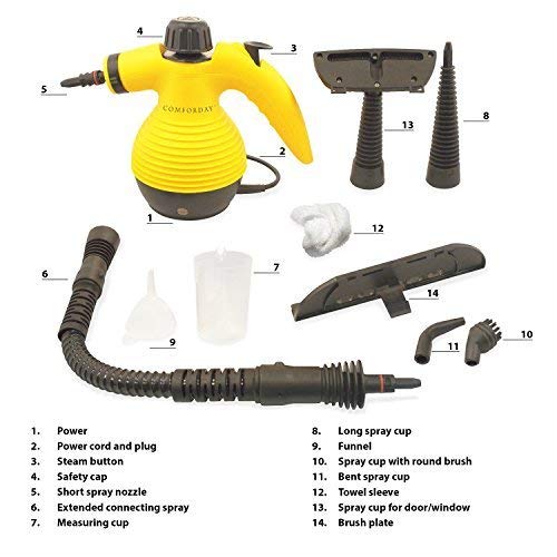 Comforday Multi-Purpose Steam Cleaner with 9-Piece Accessories (Yellow)