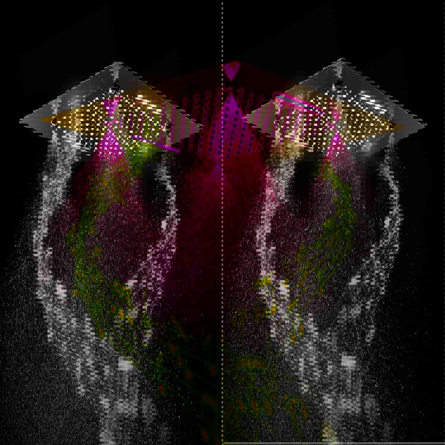 MONACO Gold 20x20 Complete Luxury LED Music Shower Set with Rainfall, Waterfall, Mist Spray and 6 Body Jets