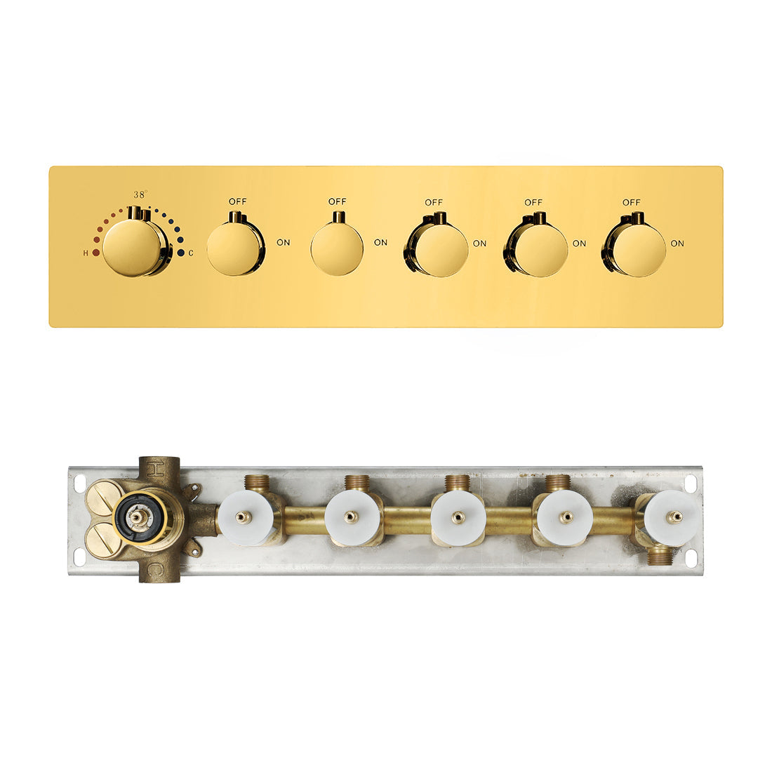 MONACO Gold 20x20 Complete Luxury LED Music Shower Set with Rainfall, Waterfall, Mist Spray and 6 Body Jets