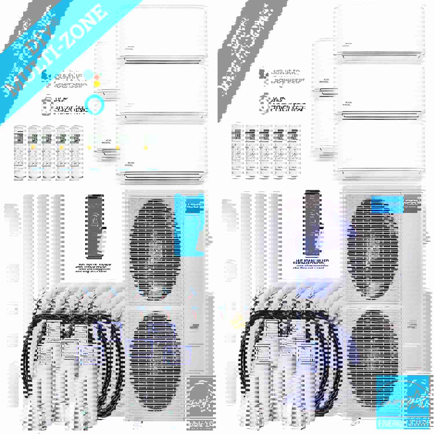 MRCOOL DIY 4th Gen 48K BTU 5-Zone Condenser with 9K+9K+9K+9K+12K Handlers and 2 x 25ft, 3 x 35ft Linesets Bundle