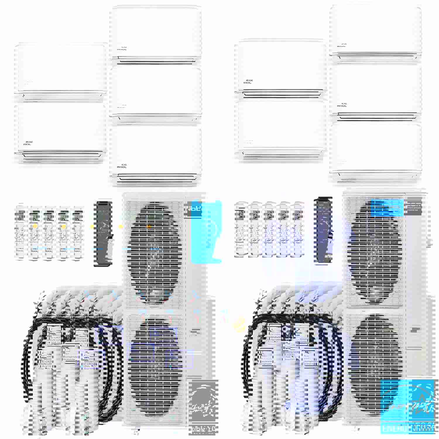 MRCOOL DIY 4th Gen 48K BTU 5-Zone Condenser with 9K+9K+9K+9K+12K Handlers and 2 x 25ft, 3 x 35ft Linesets Bundle