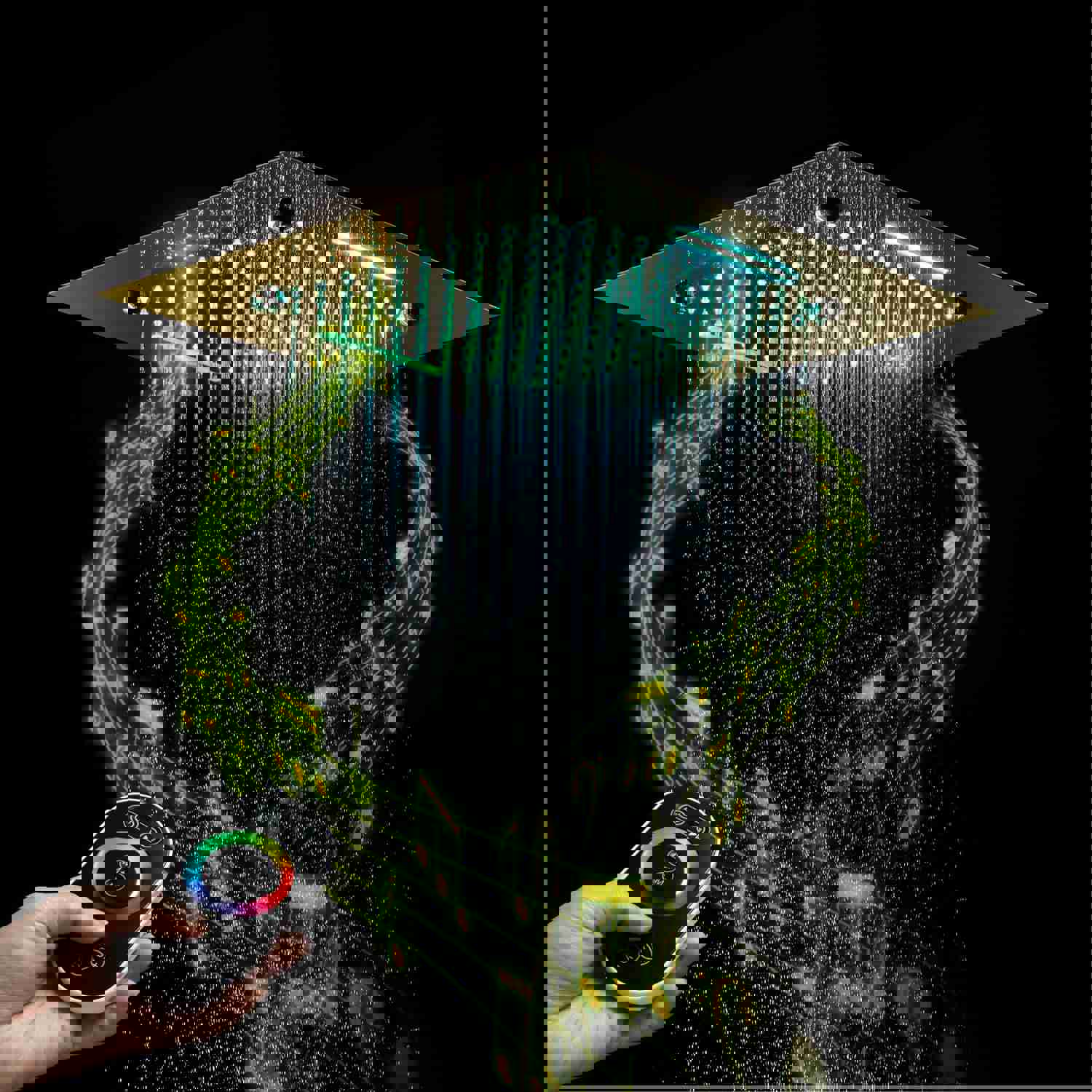 MONACO Gold 20x20 Complete Luxury LED Music Shower Set with Rainfall, Waterfall, Mist Spray and 6 Body Jets