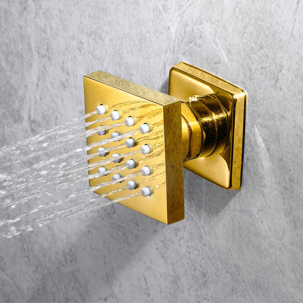 MONACO Gold 20x20 Complete Luxury LED Music Shower Set with Rainfall, Waterfall, Mist Spray and 6 Body Jets