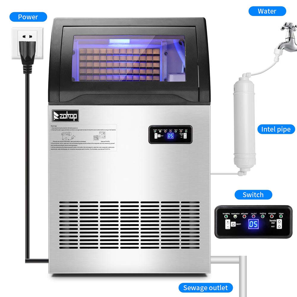 Yescom Stainless Steel Ice Maker 200lbs/24h with Self-sterilizing Nano Blue Light