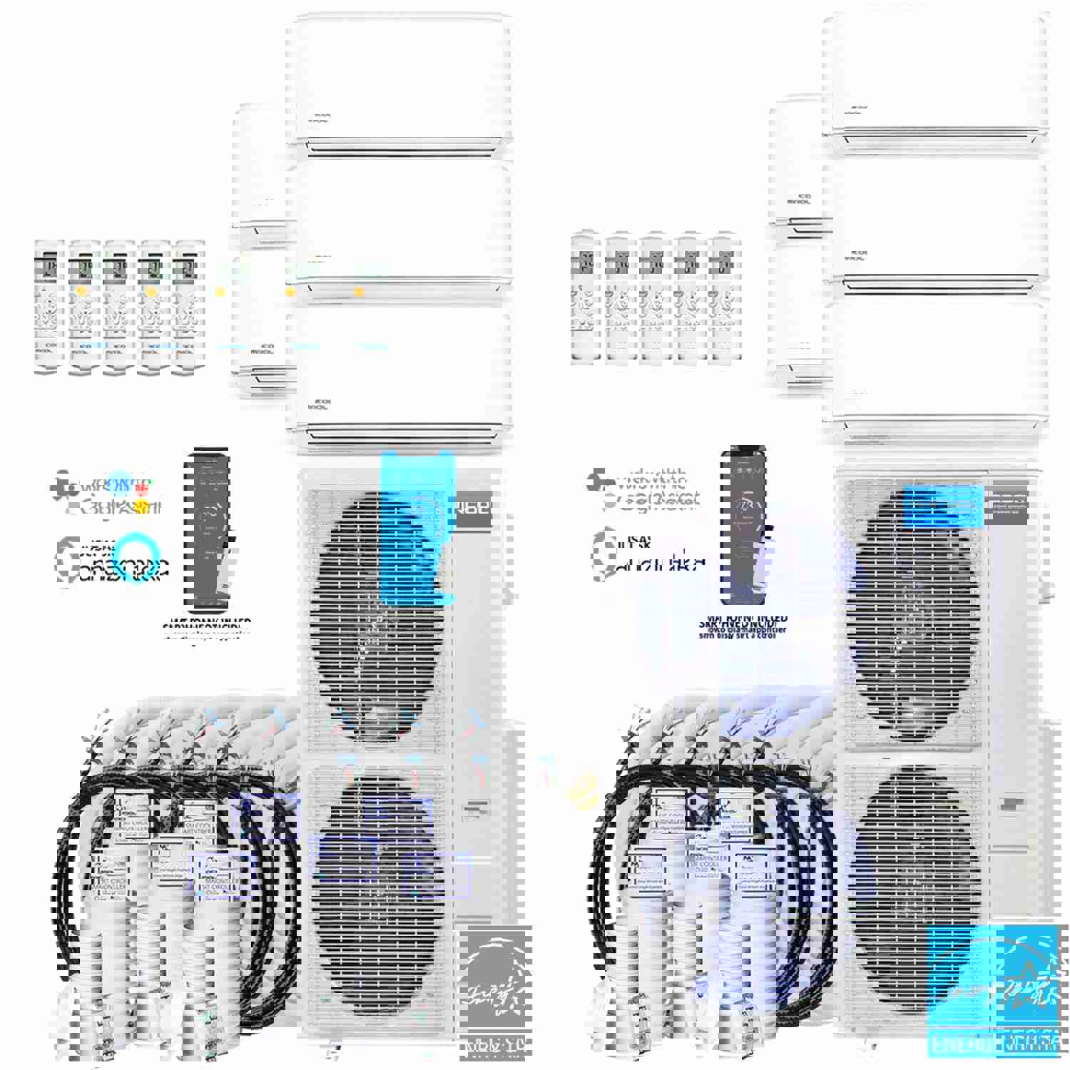 MRCOOL DIY 4th Gen 48K BTU 5-Zone Condenser with 9K+9K+9K+9K+12K Handlers and 2 x 25ft, 3 x 35ft Linesets Bundle
