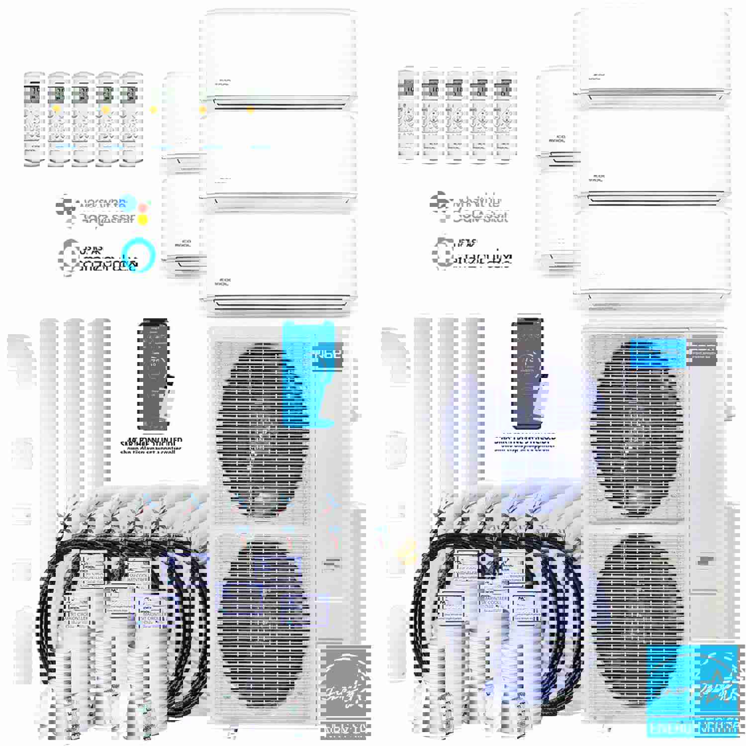 MRCOOL DIY 4th Gen 48K BTU 5-Zone Condenser with 9K+9K+9K+9K+12K Handlers and 2 x 25ft, 3 x 35ft Linesets Bundle