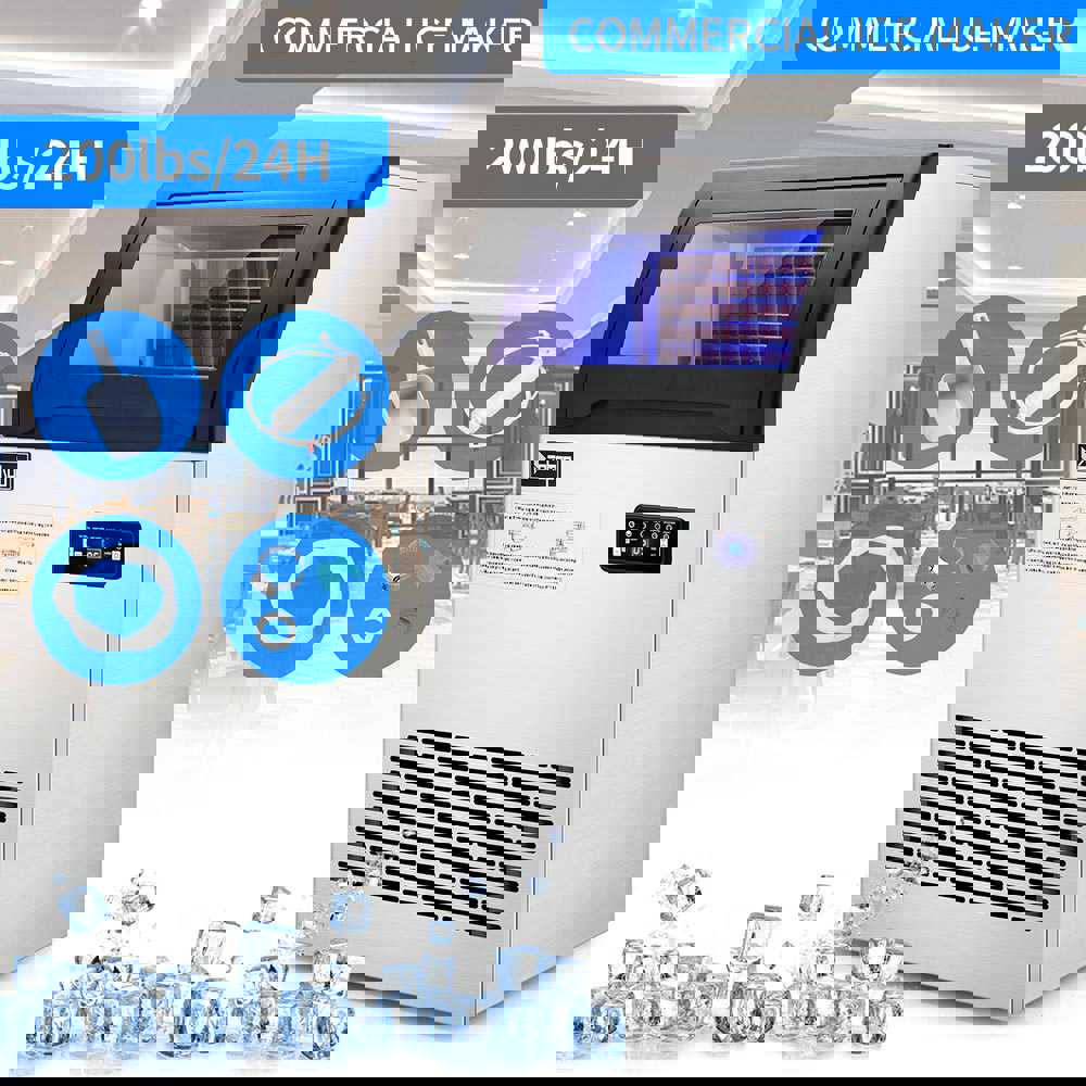 Yescom Stainless Steel Ice Maker 200lbs/24h with Self-sterilizing Nano Blue Light