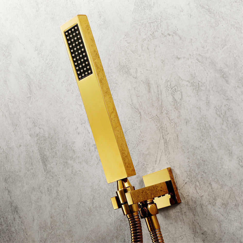 MONACO Gold 20x20 Complete Luxury LED Music Shower Set with Rainfall, Waterfall, Mist Spray and 6 Body Jets