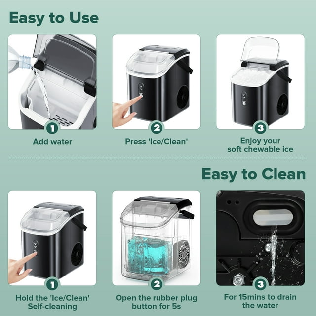 KISSAIR Nugget Ice Maker Countertop - Portable Soft Chewable Pellet Ice Machine, 34lbs/24H, Black