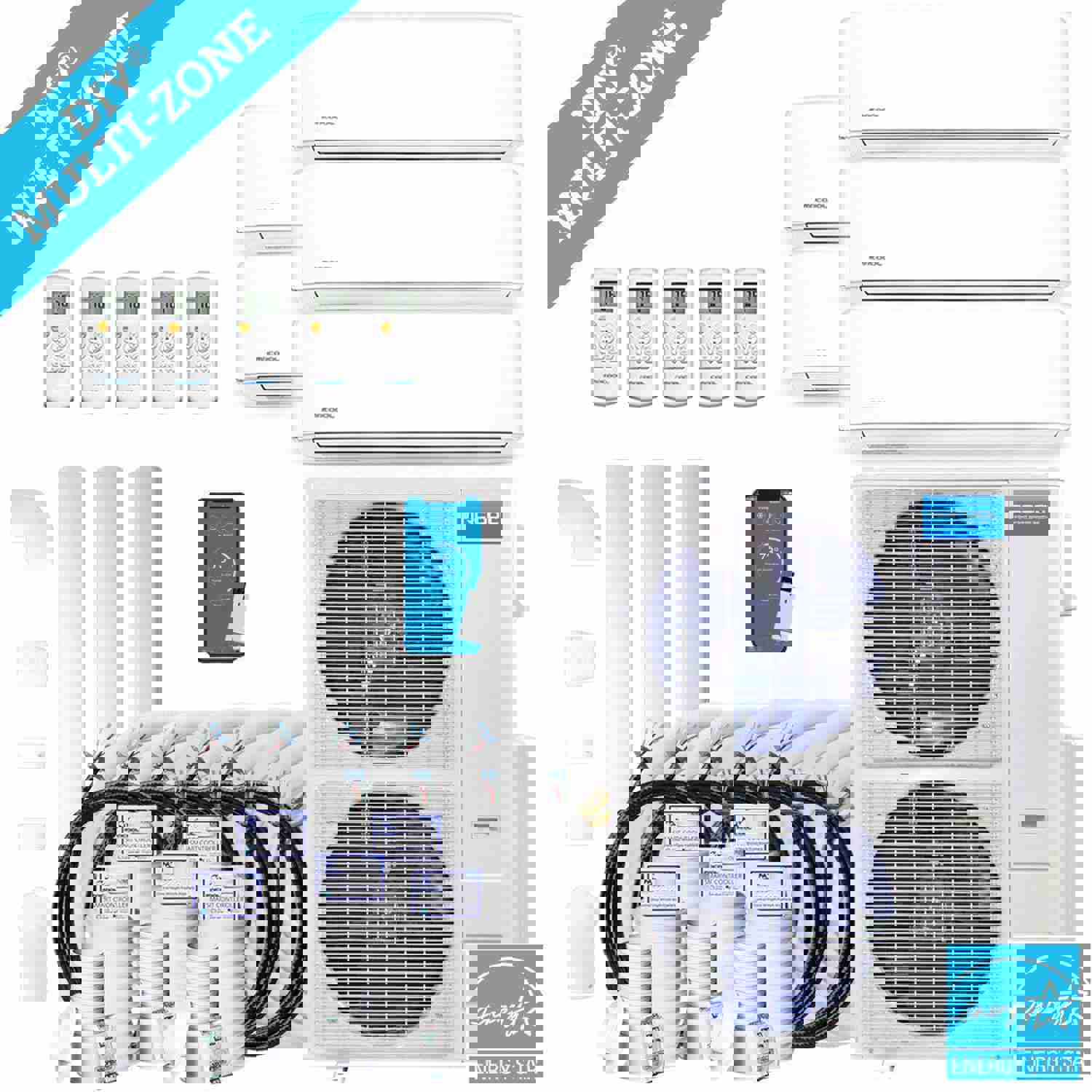 MRCOOL DIY 4th Gen 48K BTU 5-Zone Condenser with 9K+9K+9K+9K+12K Handlers and 2 x 25ft, 3 x 35ft Linesets Bundle
