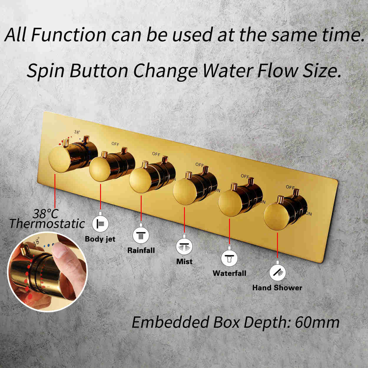 MONACO Gold 20x20 Complete Luxury LED Music Shower Set with Rainfall, Waterfall, Mist Spray and 6 Body Jets