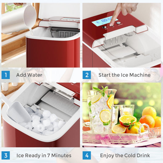 26 lbs Countertop LCD Display Ice Maker with Ice Scoop - Red