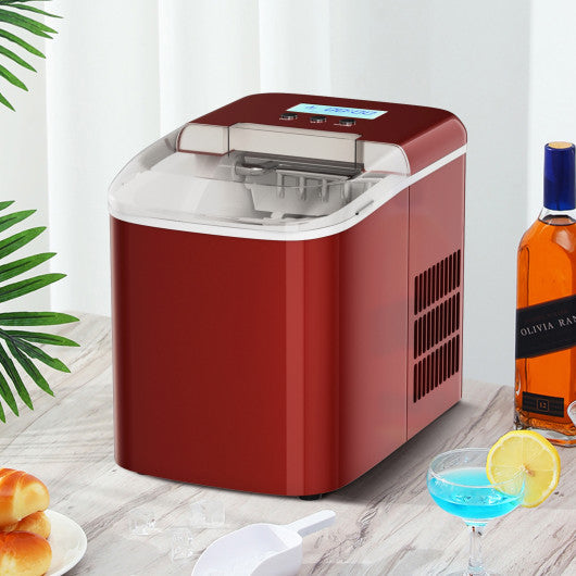 26 lbs Countertop LCD Display Ice Maker with Ice Scoop - Red