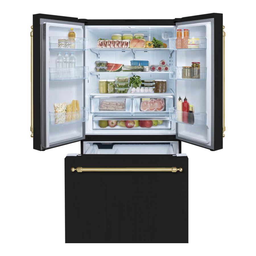 Hallman 36 Freestanding French Door Refrigerator with Bottom Freezer and Classico Brass Handles