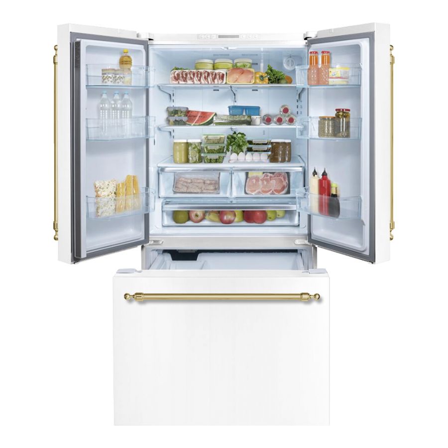 Hallman 36 Freestanding French Door Refrigerator with Bottom Freezer and Classico Brass Handles