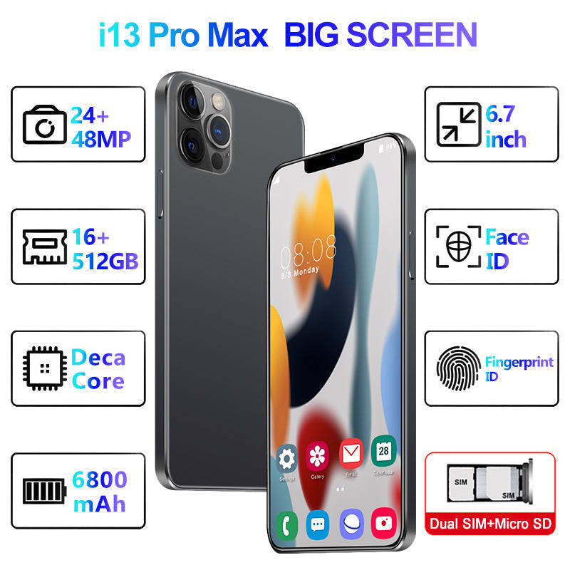 i13ProMax Smart Phone - 6.9 inch HD Display, 16+512GB, Dual SIM, Android OS
