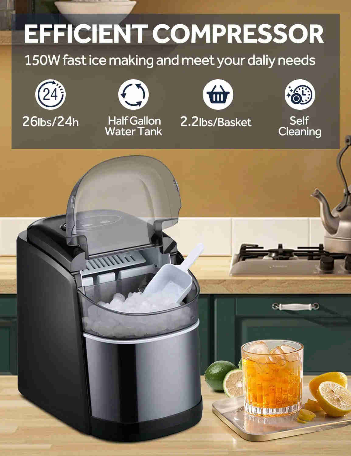 Dreamiracle Ice Maker Machine for Countertop, Self-Cleaning, 26Lbs/24H, 9 Ice Cubes in 6 Mins, Compact for Home/Party/Camping (Black)