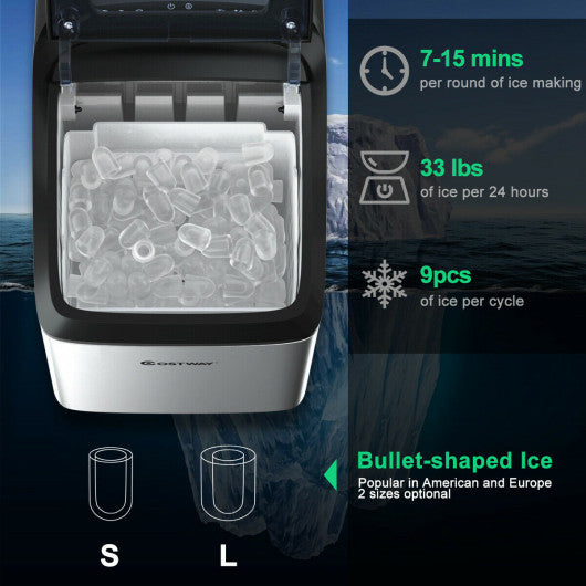 Stainless Steel Ice Maker 33Lbs/24Hrs with Self-Clean Function & Scoop