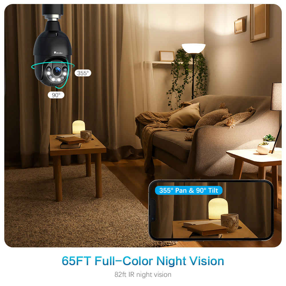 Ctronics 2.5K 4MP Light Bulb Security Camera with Dual-Band WiFi & 65FT Color Night Vision