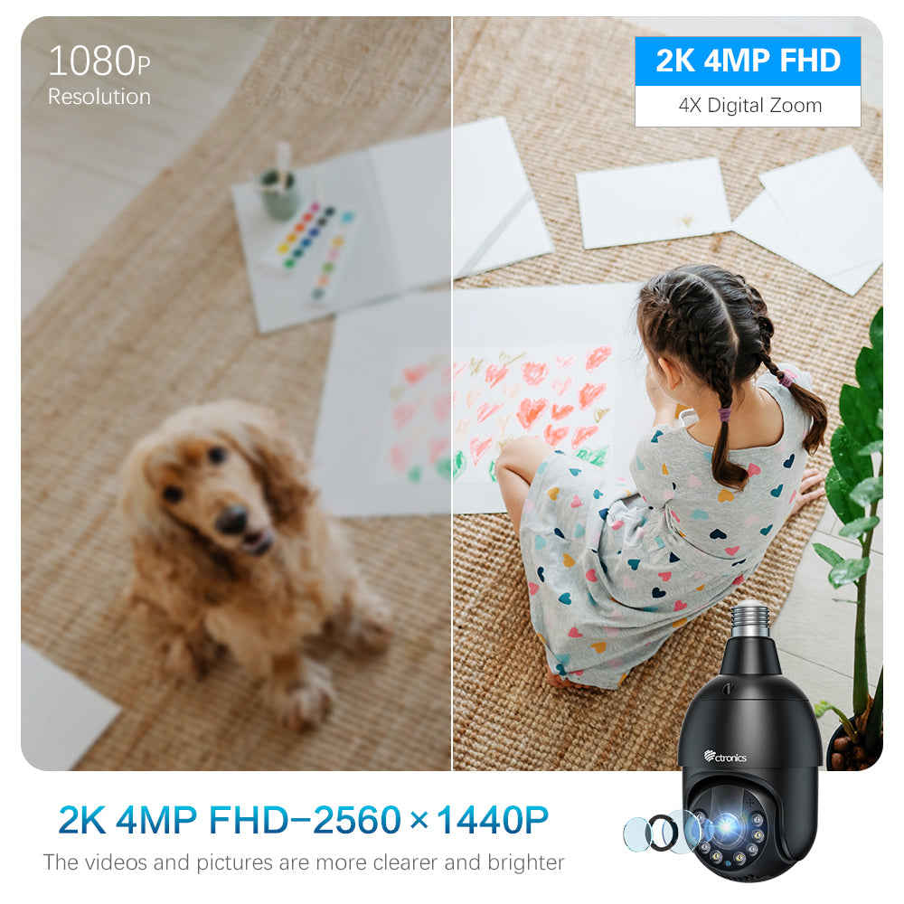 Ctronics 2.5K 4MP Light Bulb Security Camera with Dual-Band WiFi & 65FT Color Night Vision