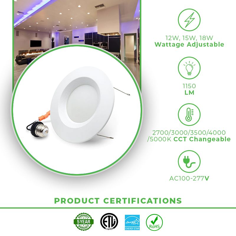 5 Inch & 6 Inch Energy Efficient LED Baffle Retrofit Downlights - Wattage & CCT Tunable, ETL & Energy Star Certified