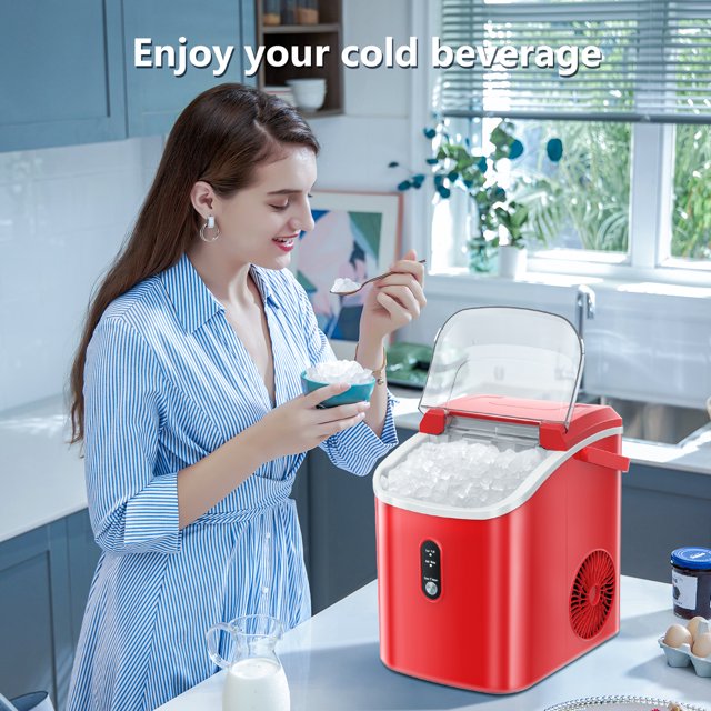 KISSAIR Nugget Countertop Ice Maker, 35Lbs/24Hrs, Self-Cleaning Pebble Ice Machine with Ice Basket & Scoop - Red