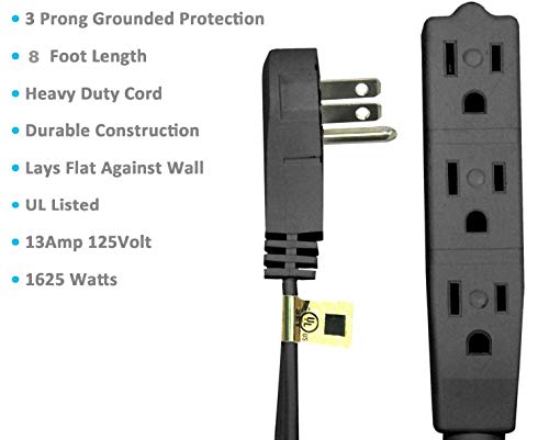 Flat Multiple Outlet Extension Cord for Indoor Use by Bindmaster - UL-Listed 3-Prong Multi Extension Wire