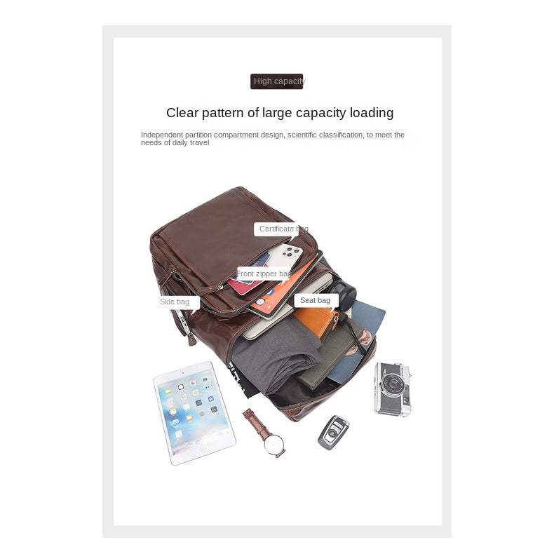 Full-grain Cowhide Leather Computer Backpack - Large Capacity, Waterproof, Retro Style