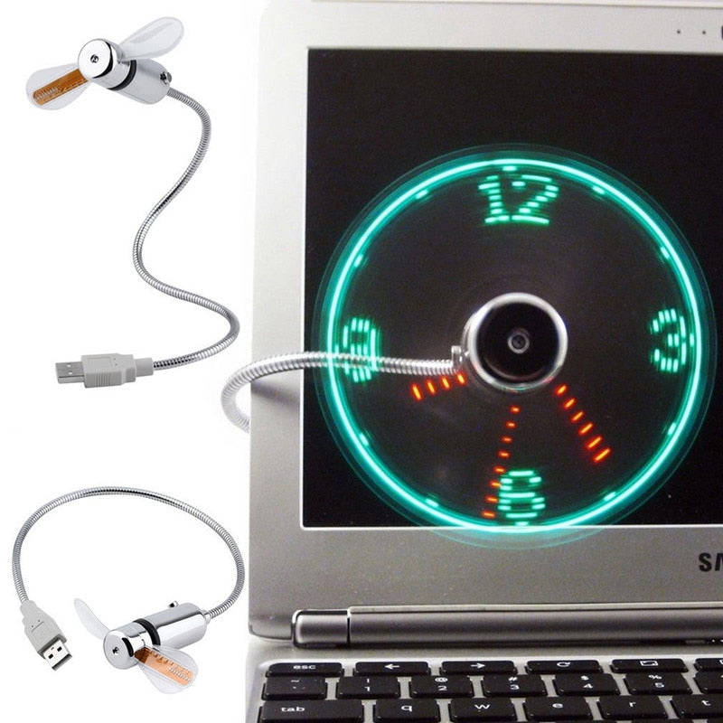 LED Clock USB Fan - Portable Mini Fan with Flexible Gooseneck for Laptop & PC