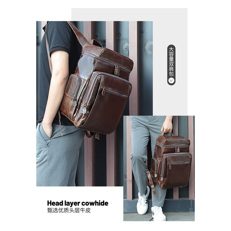Full-grain Cowhide Leather Computer Backpack - Large Capacity, Waterproof, Retro Style