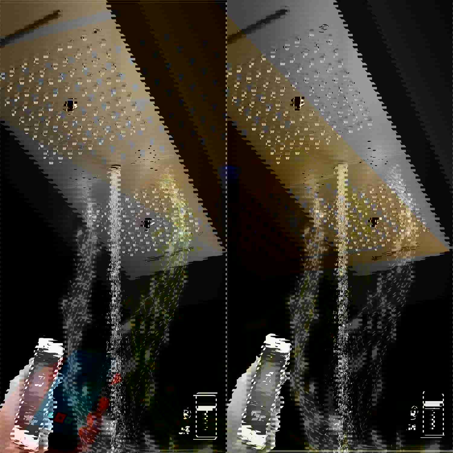 MULTNOMAH 36 IN DUAL SHOWERHEAD COMPLETE LED MUSIC SHOWER SET WITH 6 BODY JETS AND 2 WALL MOUNTED RAINFALL SHOWERHEADS