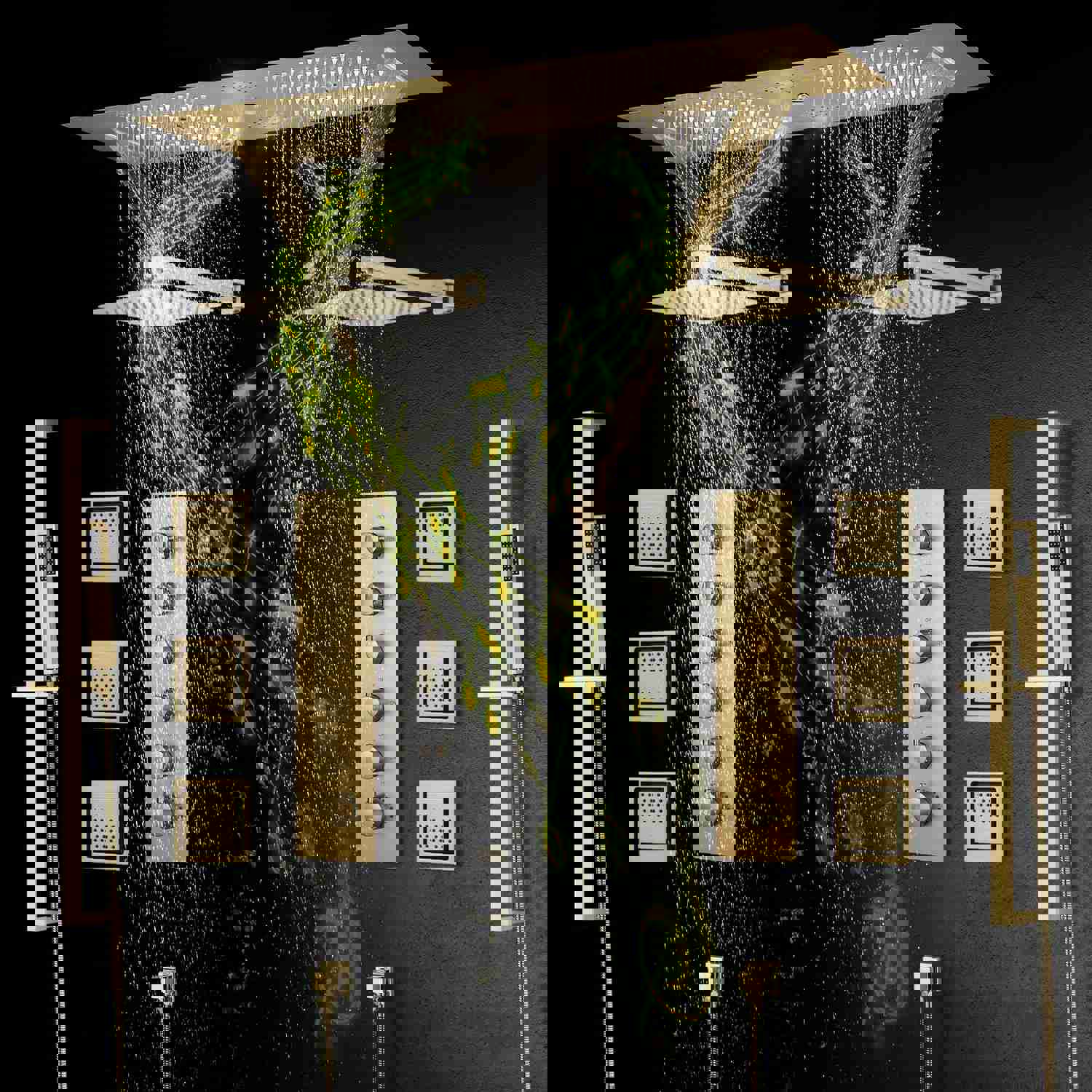 MULTNOMAH 36 IN DUAL SHOWERHEAD COMPLETE LED MUSIC SHOWER SET WITH 6 BODY JETS AND 2 WALL MOUNTED RAINFALL SHOWERHEADS