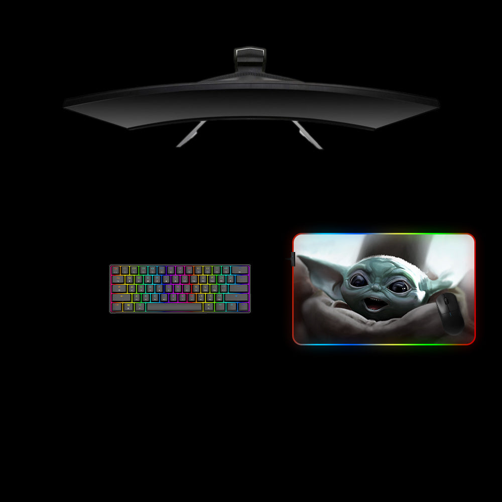 Happy Baby Yoda Design RGB Gaming Mouse Pad with LED Strip