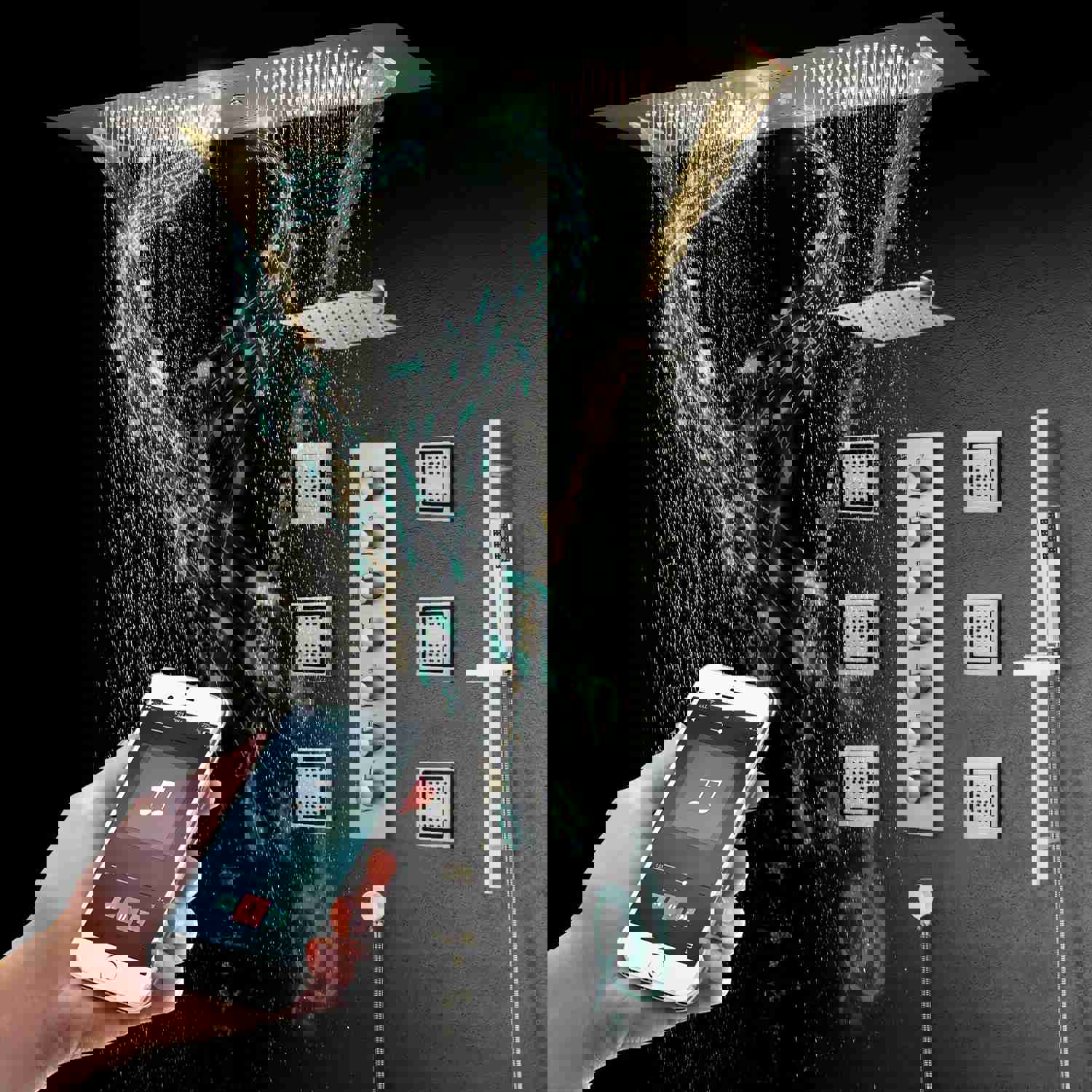 SYDNEY 36INCH COMPLETE LED MUSIC SHOWER SYSTEM WITH RAINFALL, WATERFALL & WALL MOUNTED SHOWERHEAD