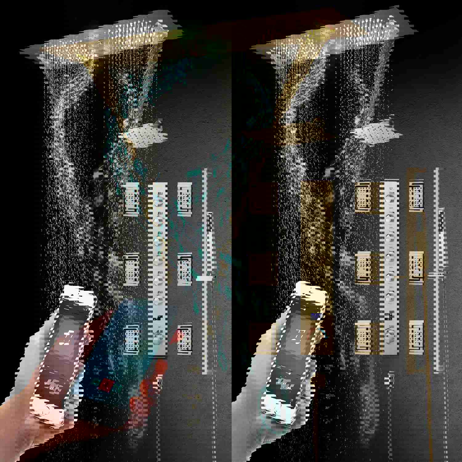 SYDNEY 36INCH COMPLETE LED MUSIC SHOWER SYSTEM WITH RAINFALL, WATERFALL & WALL MOUNTED SHOWERHEAD