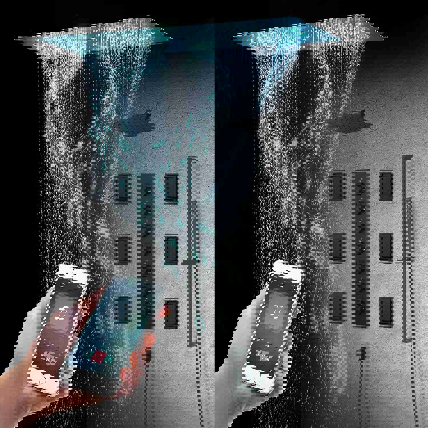 SYDNEY 36INCH COMPLETE LED MUSIC SHOWER SYSTEM WITH RAINFALL, WATERFALL & WALL MOUNTED SHOWERHEAD