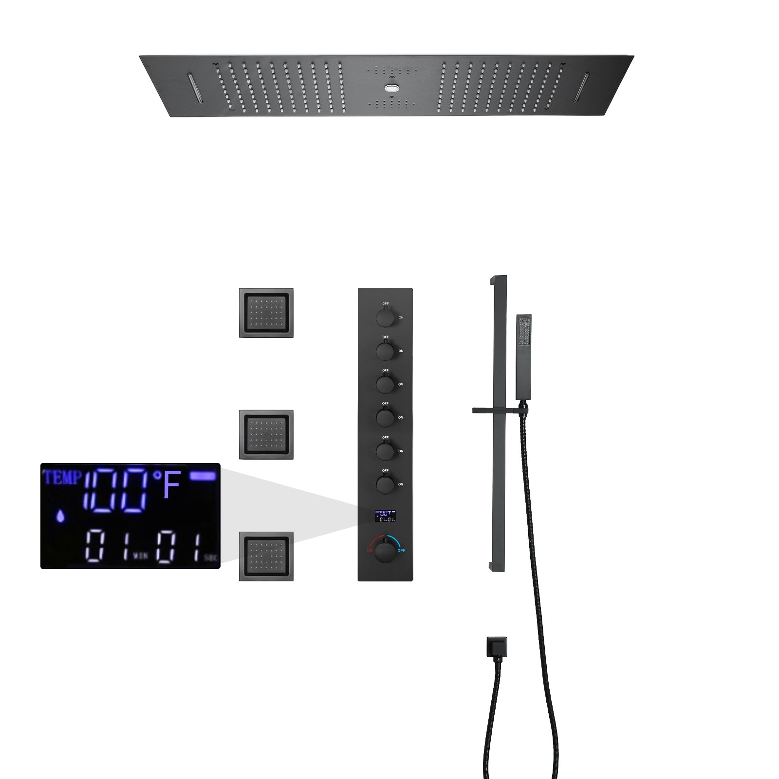 SYDNEY 36INCH COMPLETE LED MUSIC SHOWER SYSTEM WITH RAINFALL, WATERFALL & WALL MOUNTED SHOWERHEAD