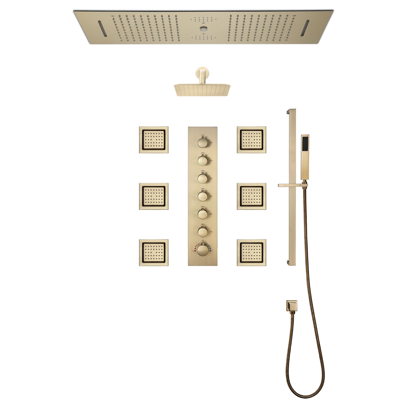 SYDNEY 36INCH COMPLETE LED MUSIC SHOWER SYSTEM WITH RAINFALL, WATERFALL & WALL MOUNTED SHOWERHEAD