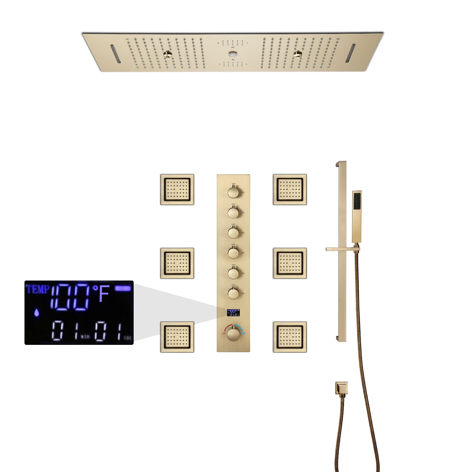 SYDNEY 36INCH COMPLETE LED MUSIC SHOWER SYSTEM WITH RAINFALL, WATERFALL & WALL MOUNTED SHOWERHEAD