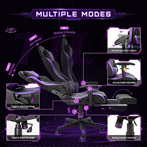 Ergonomic High-Back Gaming Chair with Adjustable Footrest - Black/Purple