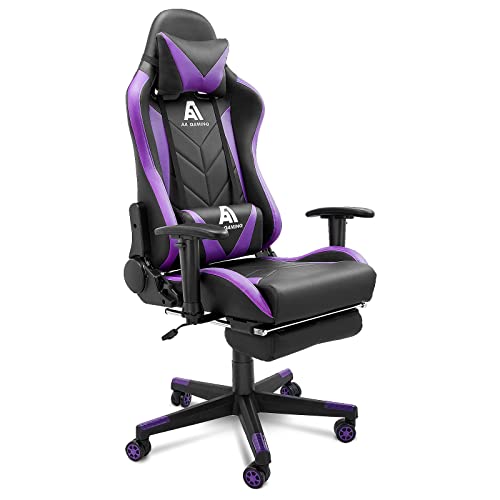 Ergonomic High-Back Gaming Chair with Adjustable Footrest - Black/Purple