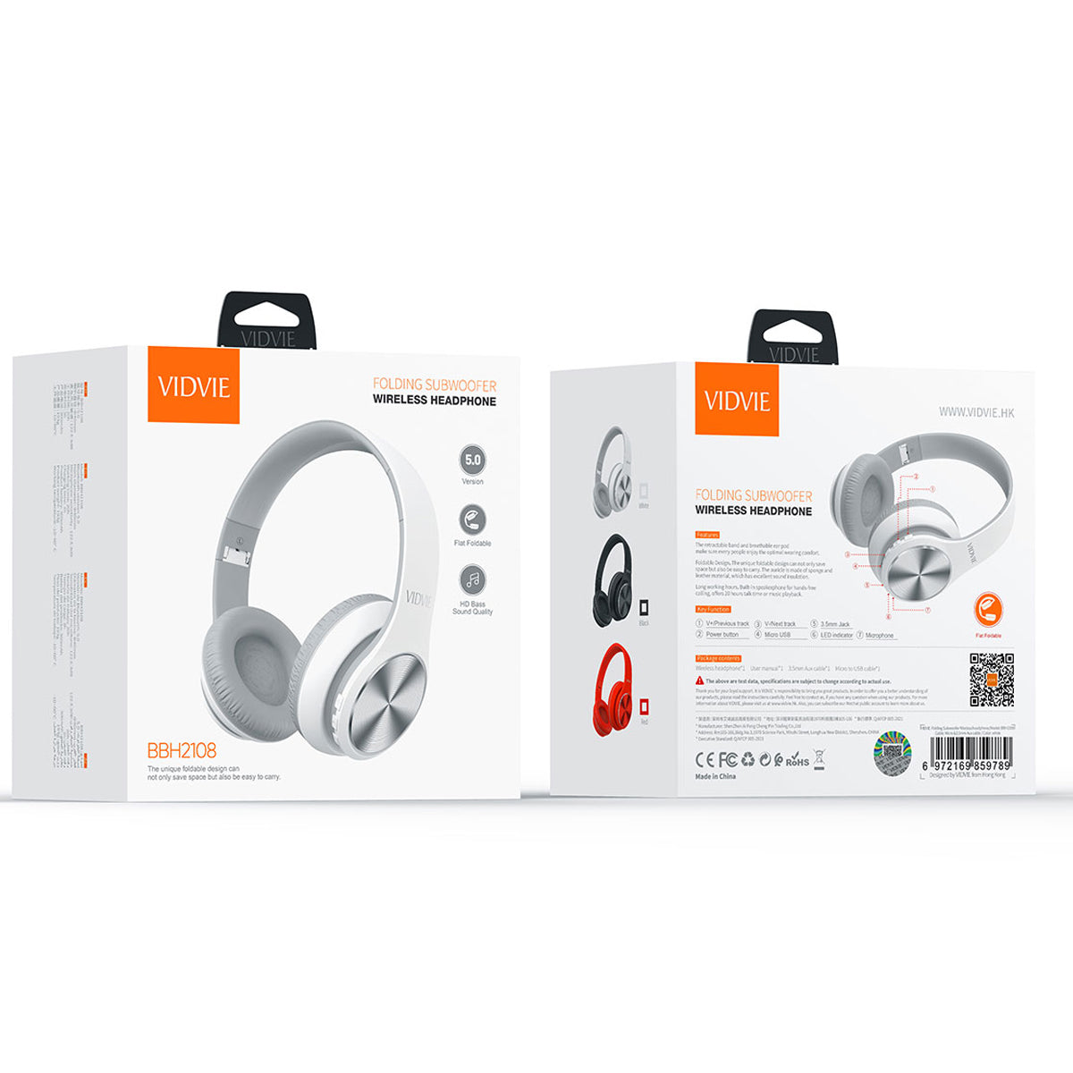 Wireless Bluetooth 5.0 Over-Ear Headphones with Deep Bass - White
