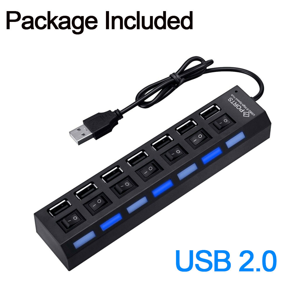 7-Port USB 2.0 LED Hub - High-Speed Data Transfer and Splitter