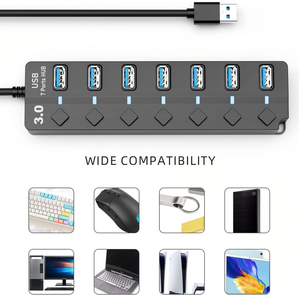 Eanetf 7-Port USB 3.0 Hub with Individual LED Switches