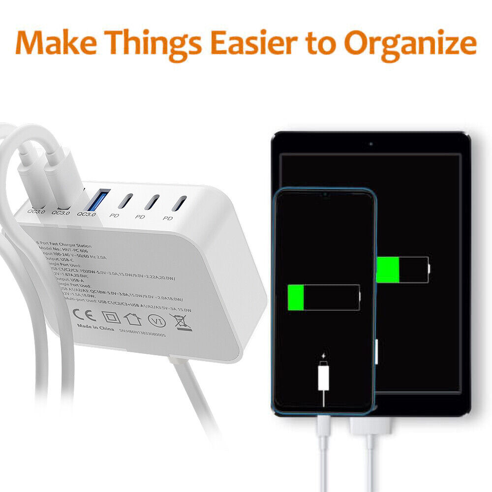 6-Port USB Hub with USB-C PD Charger for Fast Charging