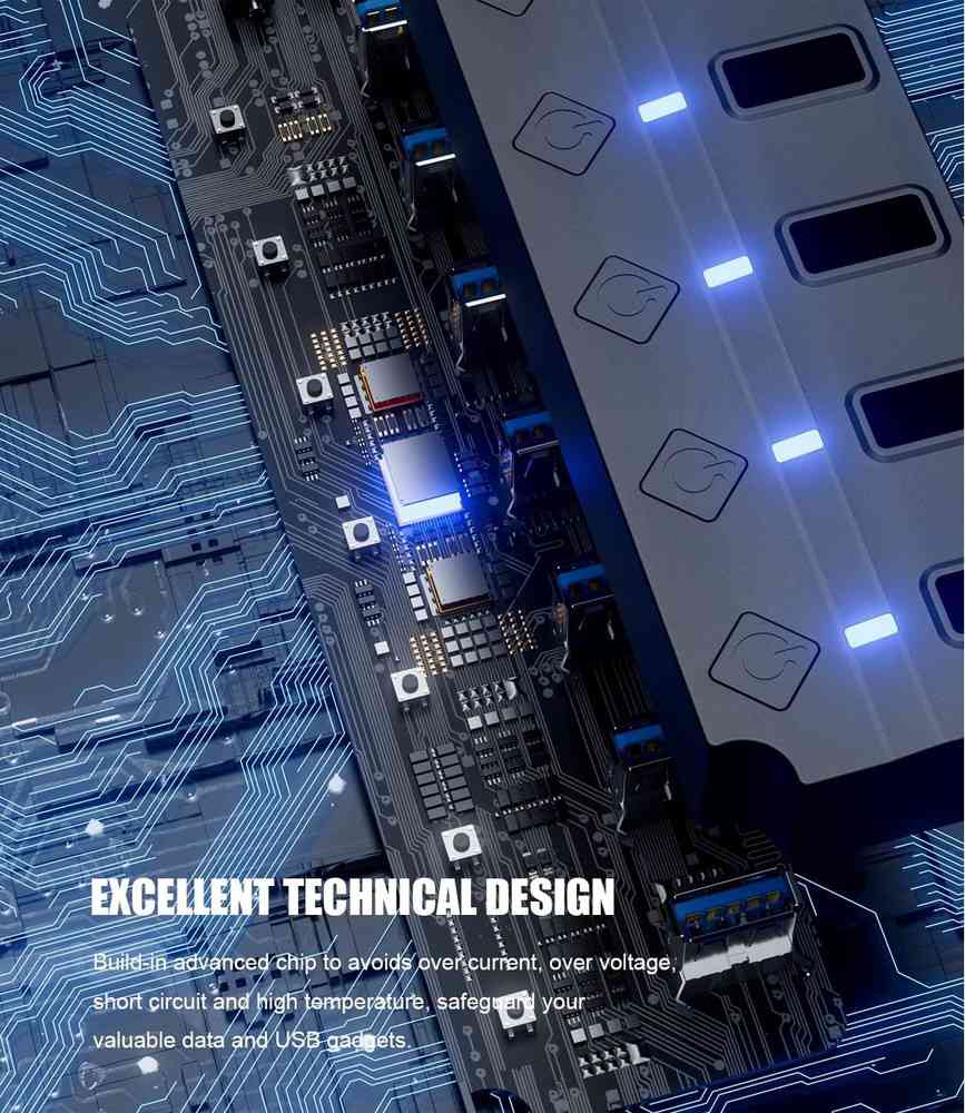 Eanetf 7-Port USB 3.0 Hub with Individual LED Switches