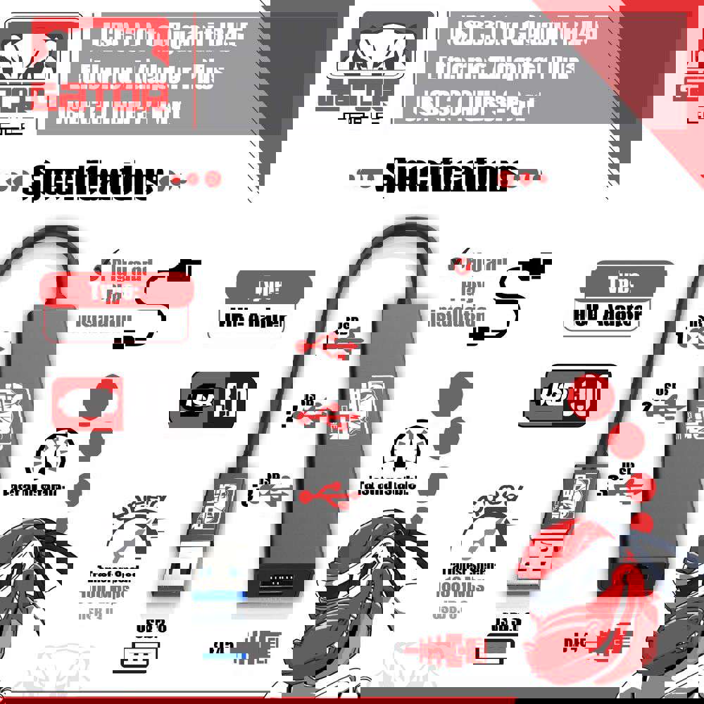 USB 3.0 Gigabit Ethernet Adapter with 3-Port USB Hub