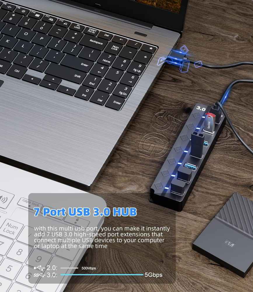 Eanetf 7-Port USB 3.0 Hub with Individual LED Switches
