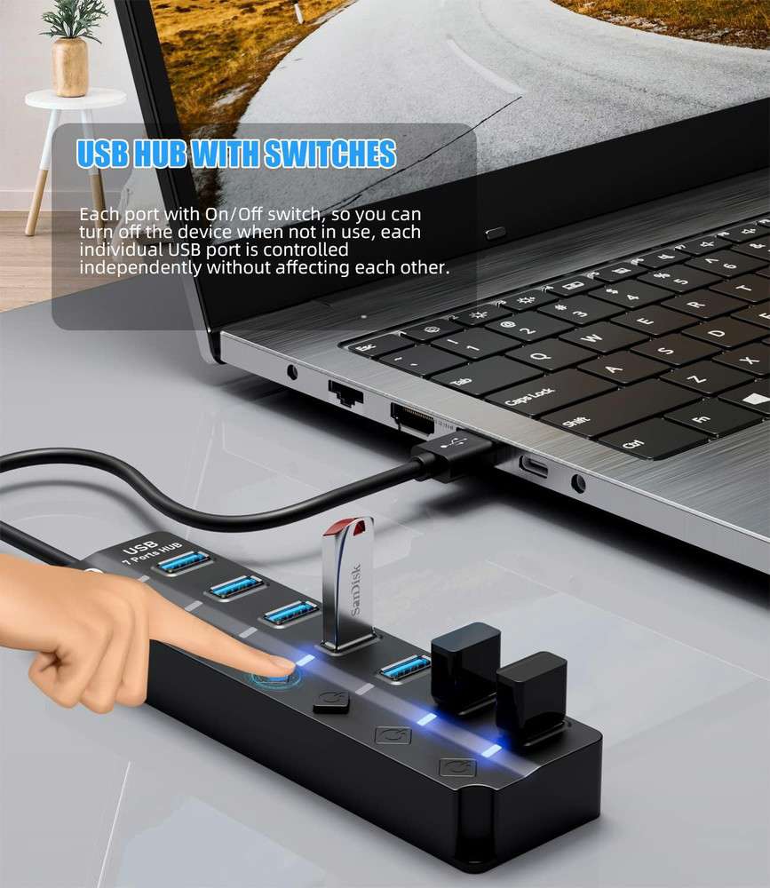Eanetf 7-Port USB 3.0 Hub with Individual LED Switches